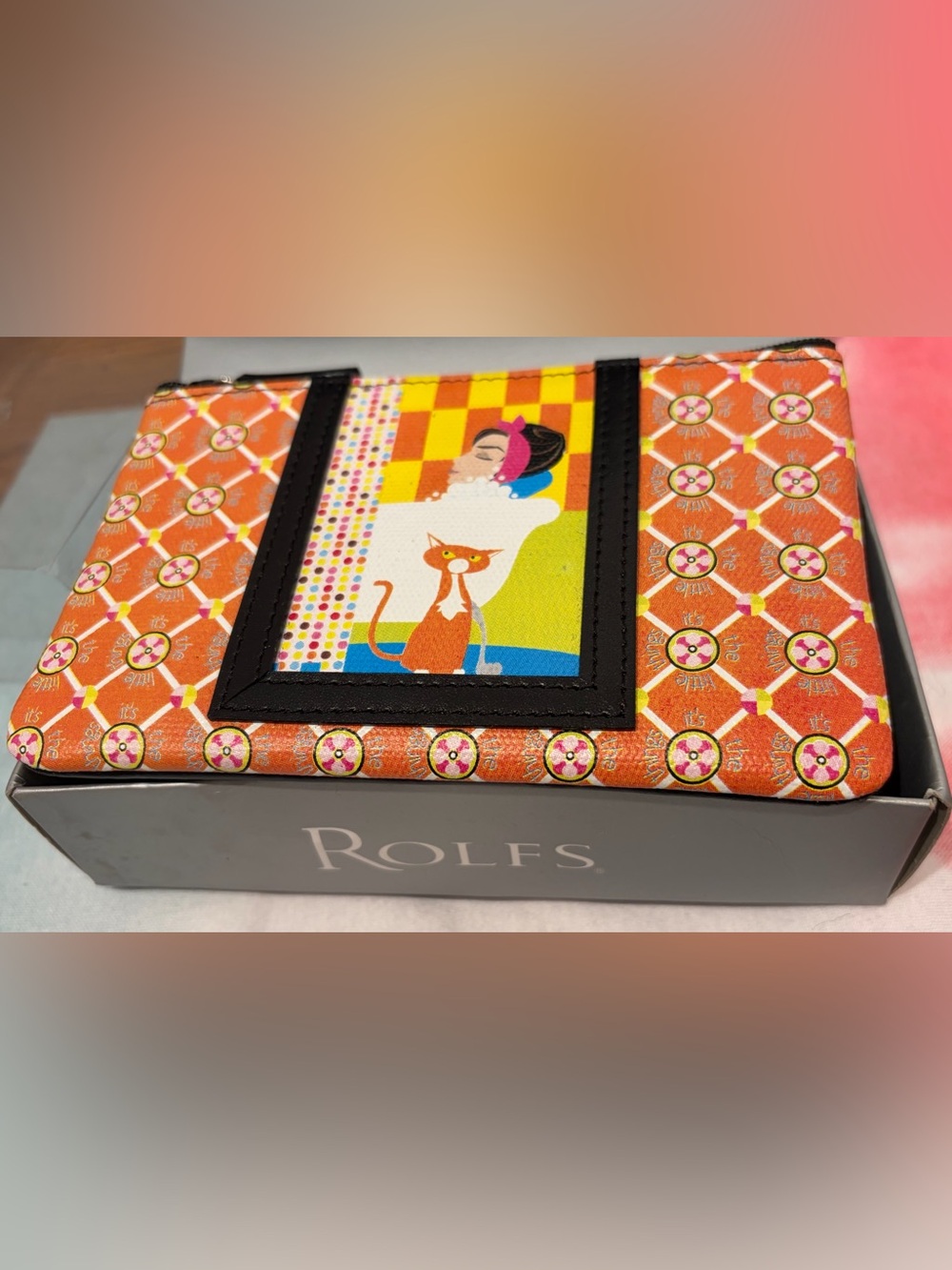 Rolfs Genuine Leather Orange and Yellow Lady in Bubble Bath & Cat Wallet NWT
